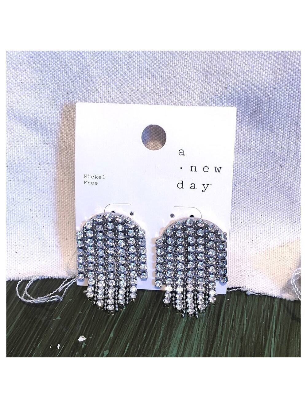 A New Day NWT Rhinestone Multi Strand Silver Tone Chandelier Pierced Earrings